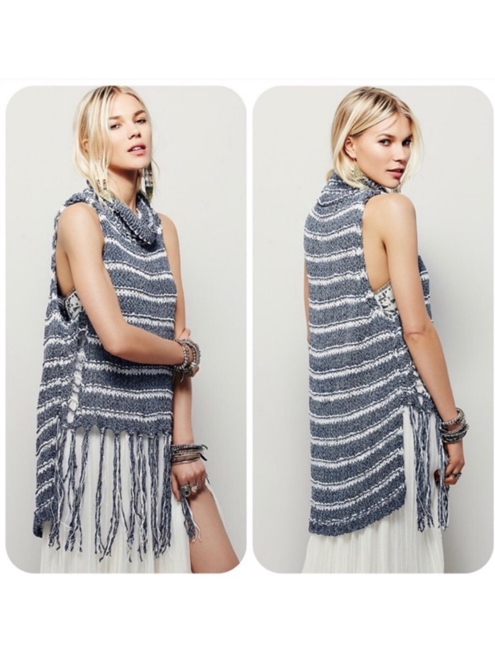 Free People Folksong Fringe Cotton Knit Stripe Sleeveless Tunic Top Boho Medium